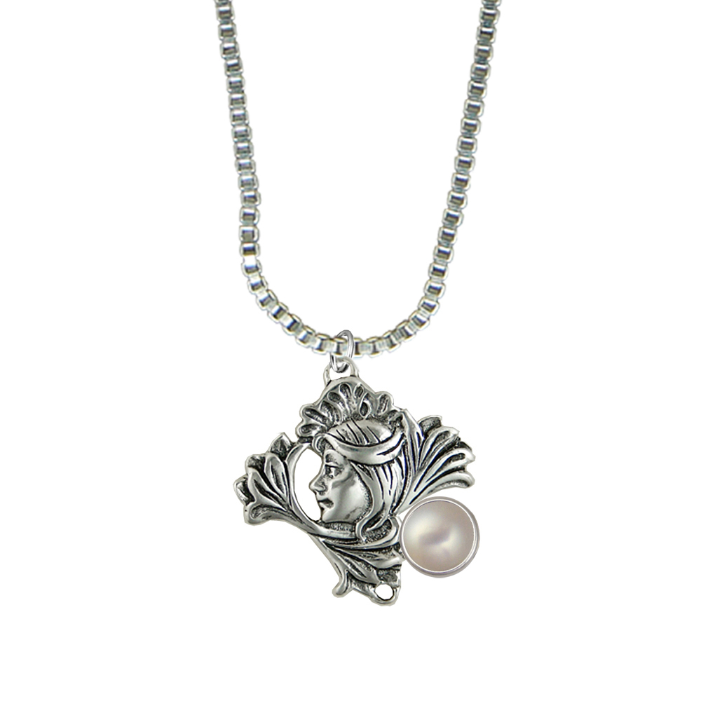 Sterling Silver Woman Maiden of the Lotus Flower Pendant Necklace With Cultured Freshwater Pearl